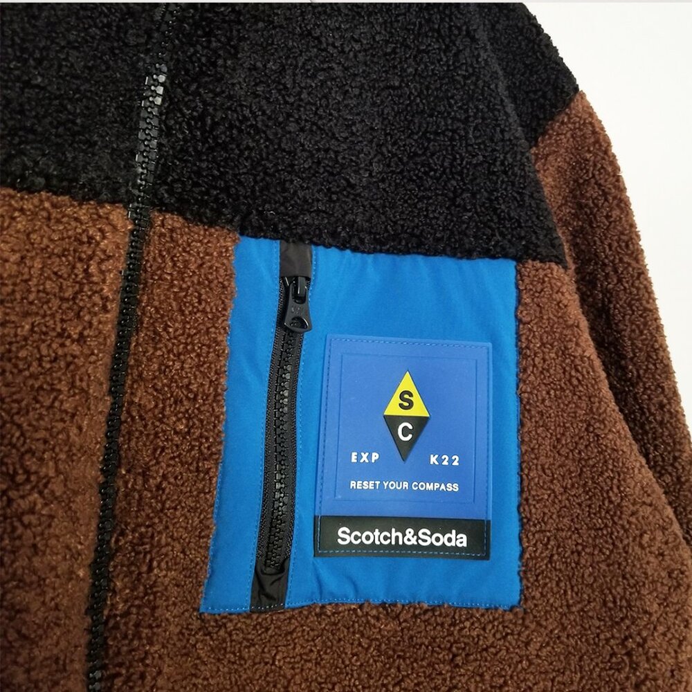 Scotch & Soda Zip-Up Color Block Teddy Fleece Jacket Brown Black Men's M $195 - Picture 12 of 16